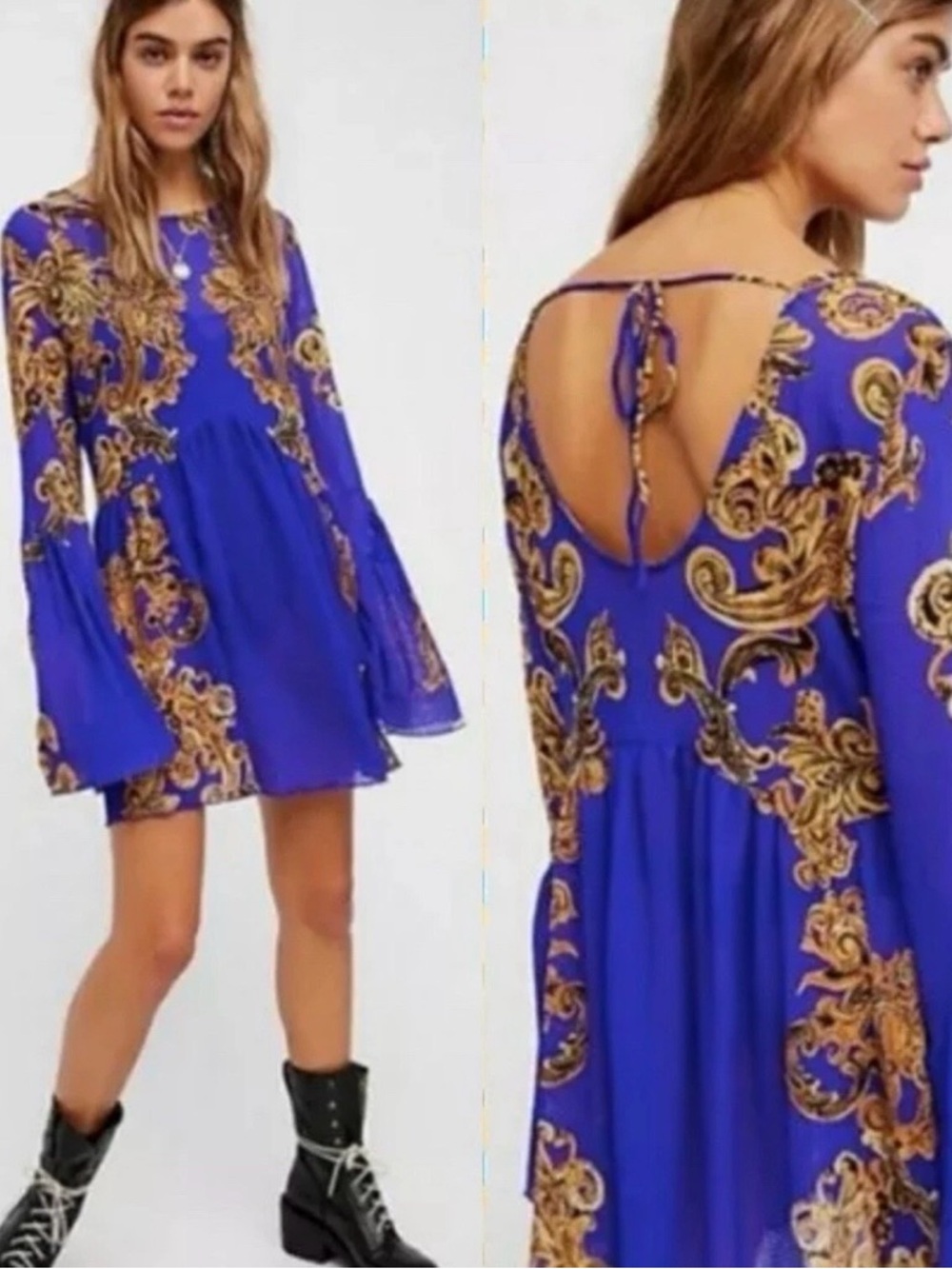 Free People Symphony Printed Bell Sleeve Swing Slip Dress.